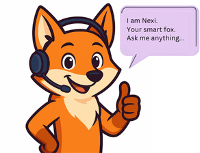 Nexi fox mascot with a headset inviting users to ask a question.