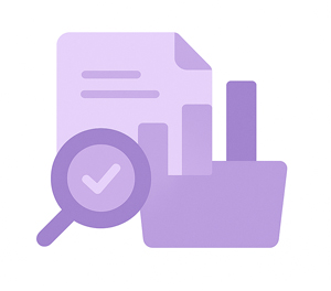 Purple illustration of a report with a chart and magnifying glass.
