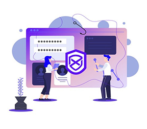Purple illustration of people using a secure digital workspace.